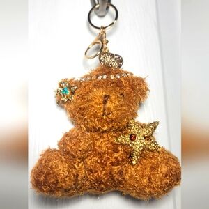 Bag Charm Brown Teddy Bear Keychain with Rhinestone Accents Extra Large